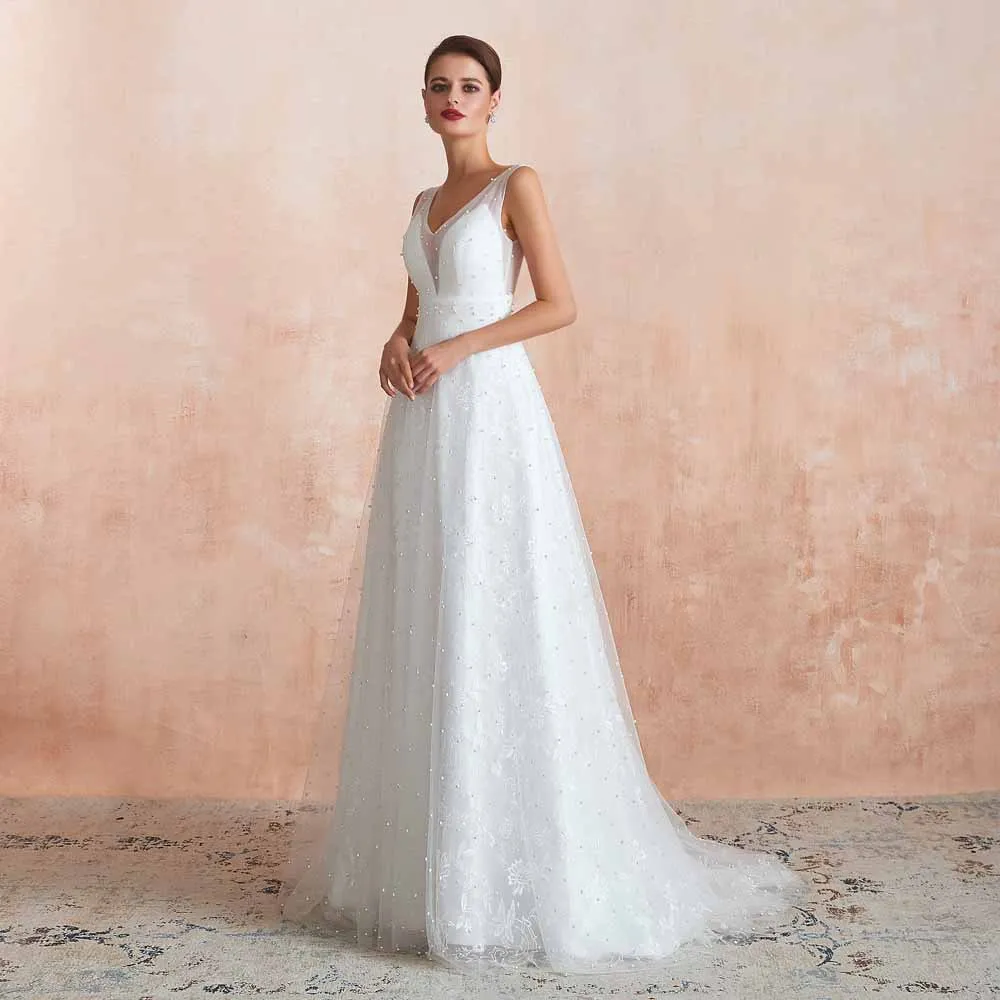 Simple Boho Slim A-line Lace Wedding Dress with Pearls EN3413