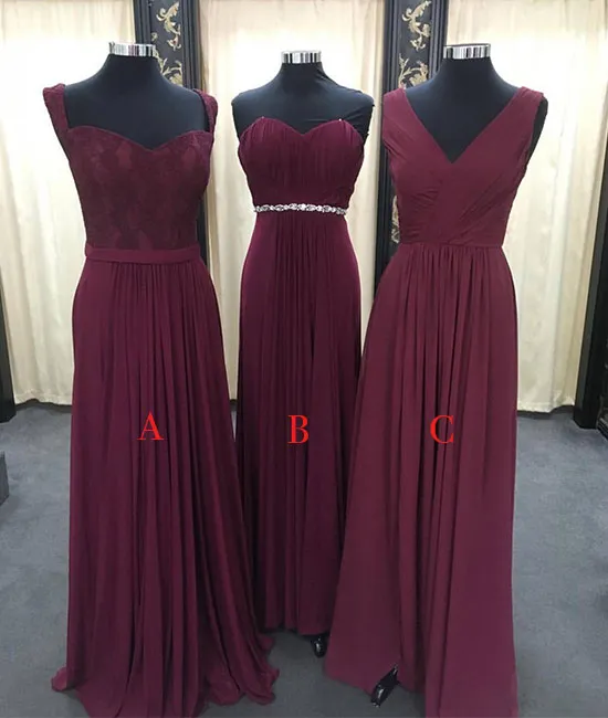 Simple burgundy chiffon long prom dress, burgundy bridesmaid dress