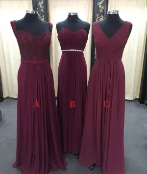 Simple burgundy chiffon long prom dress, burgundy bridesmaid dress