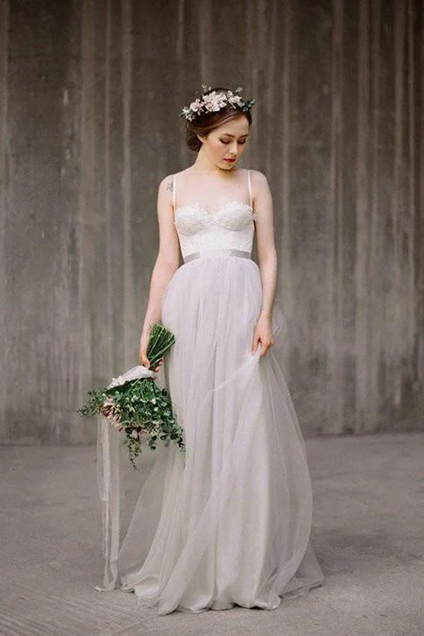Simple Illusion Spahgetti Straps Tulle A-line Wedding Dresses Online, WDY0238