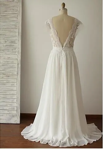 Simple Long A-Line V-back Lace Wedding Dresses, Chiffon Wedding Party Dresses, WD0013