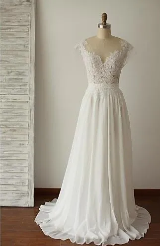 Simple Long A-Line V-back Lace Wedding Dresses, Chiffon Wedding Party Dresses, WD0013