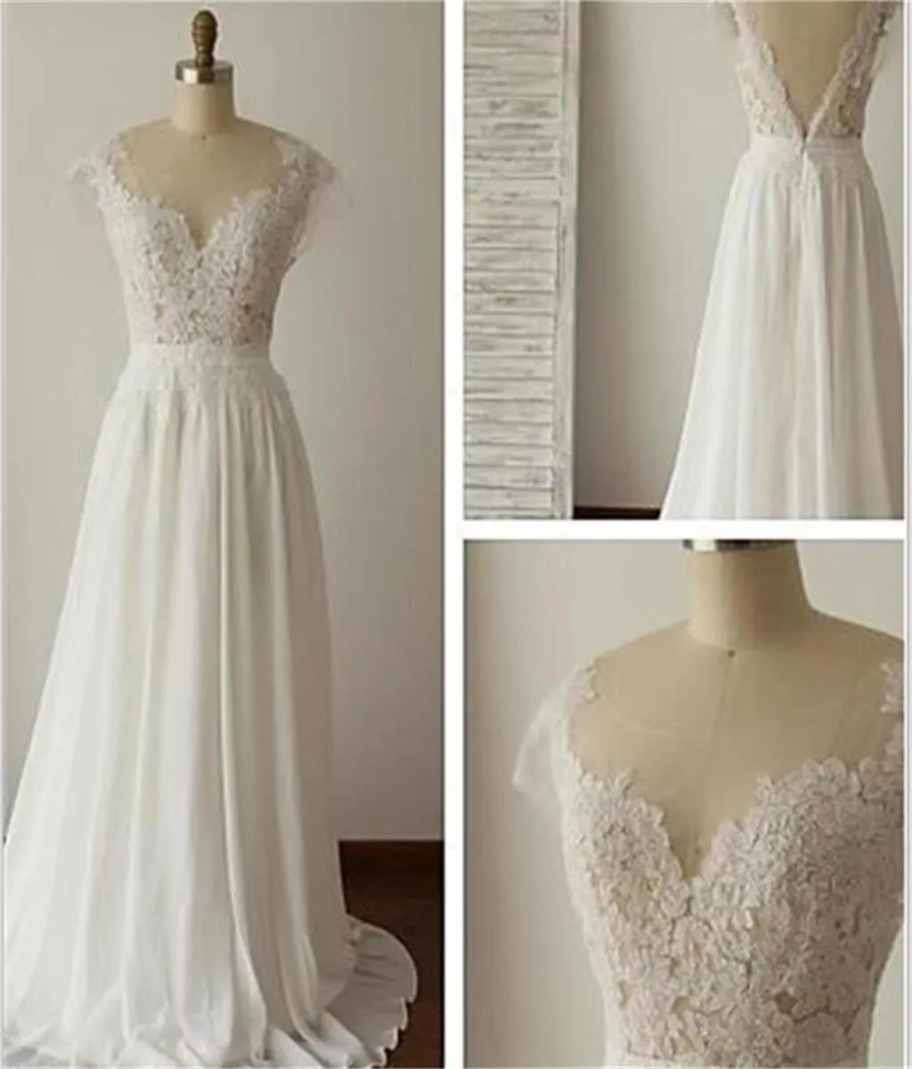 Simple Long A-Line V-back Lace Wedding Dresses, Chiffon Wedding Party Dresses, WD0013