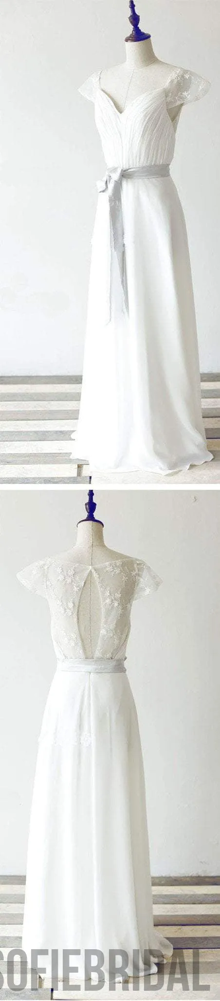Simple Long A-line White Chiffon Wedding Party Dresses, Cap Sleeve Lace Bridal Gown, WD0062