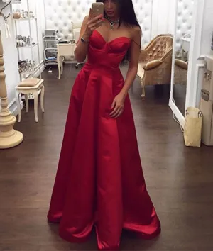 Simple Red Sweetheart neck satin long prom dress, red formal dresses
