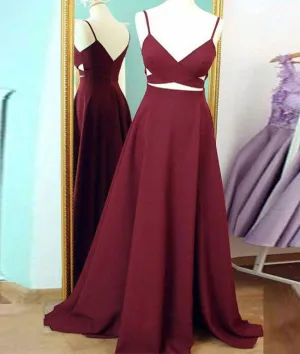 Simple v neck burgundy long prom dress, burgundy evening dress