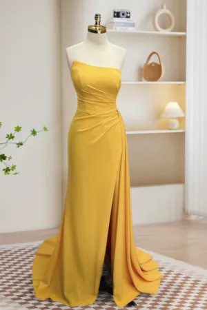 Simple Yellow Satin Long Prom Dress, Yellow Formal Dress APP0836