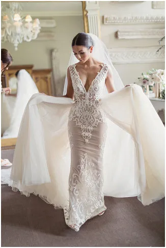Sleeveless Sheer Lace Detachable Over-skirt Ball Gown Wedding Dresses , WD0161