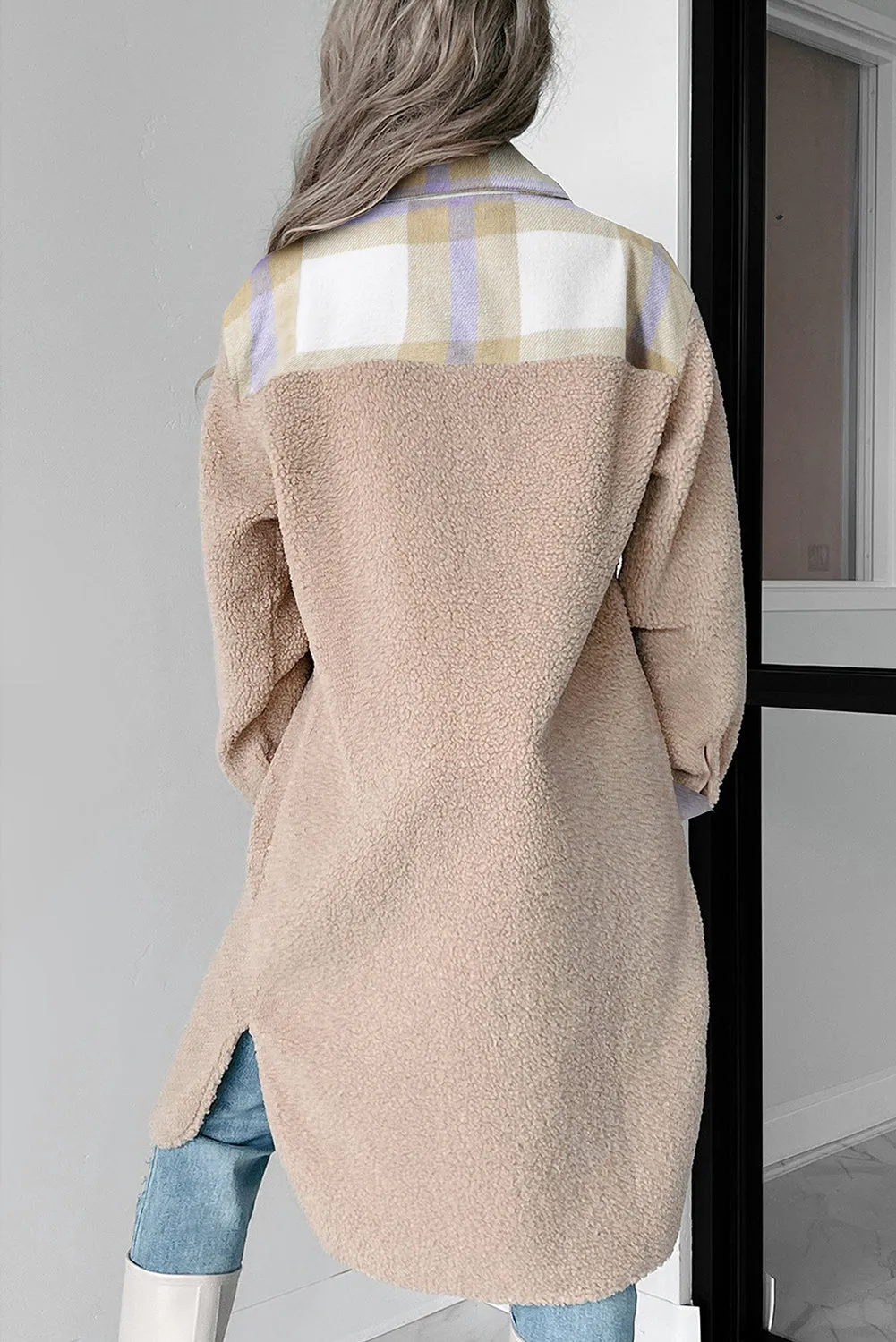 Smoke Gray Plaid Patchwork Collared Button-up Sherpa Long Coat