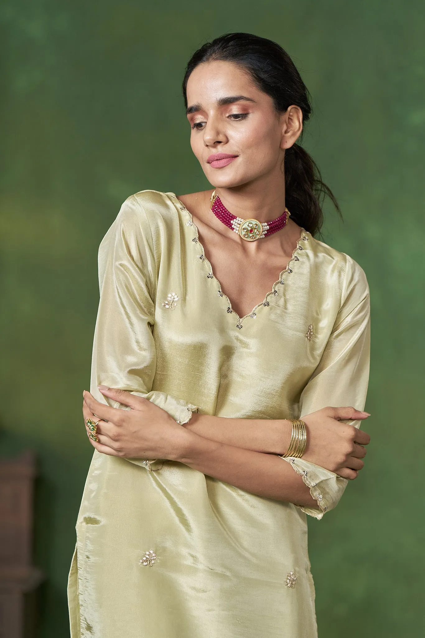 Soft Green Kurta set with scallop in Neck