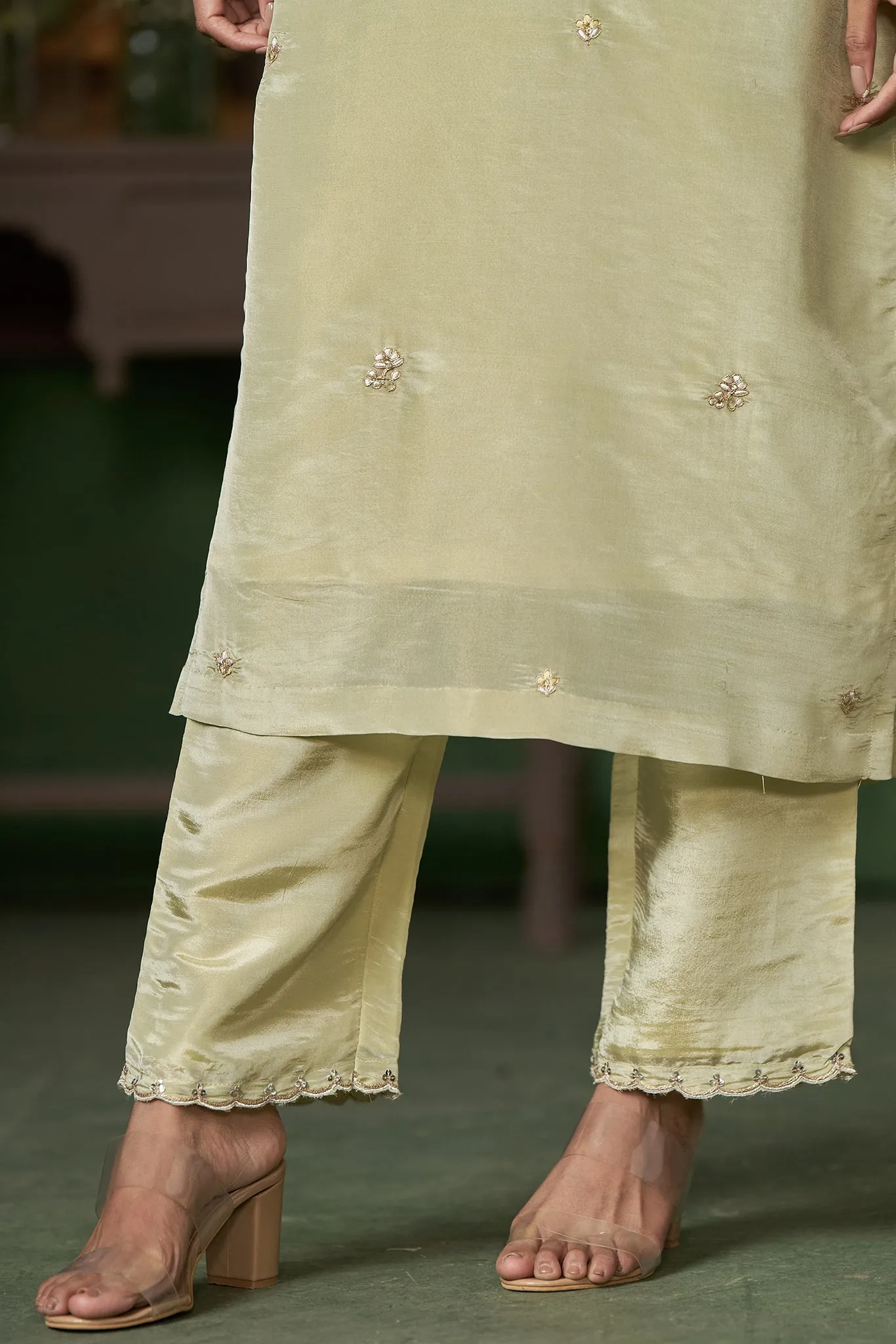 Soft Green Kurta set with scallop in Neck