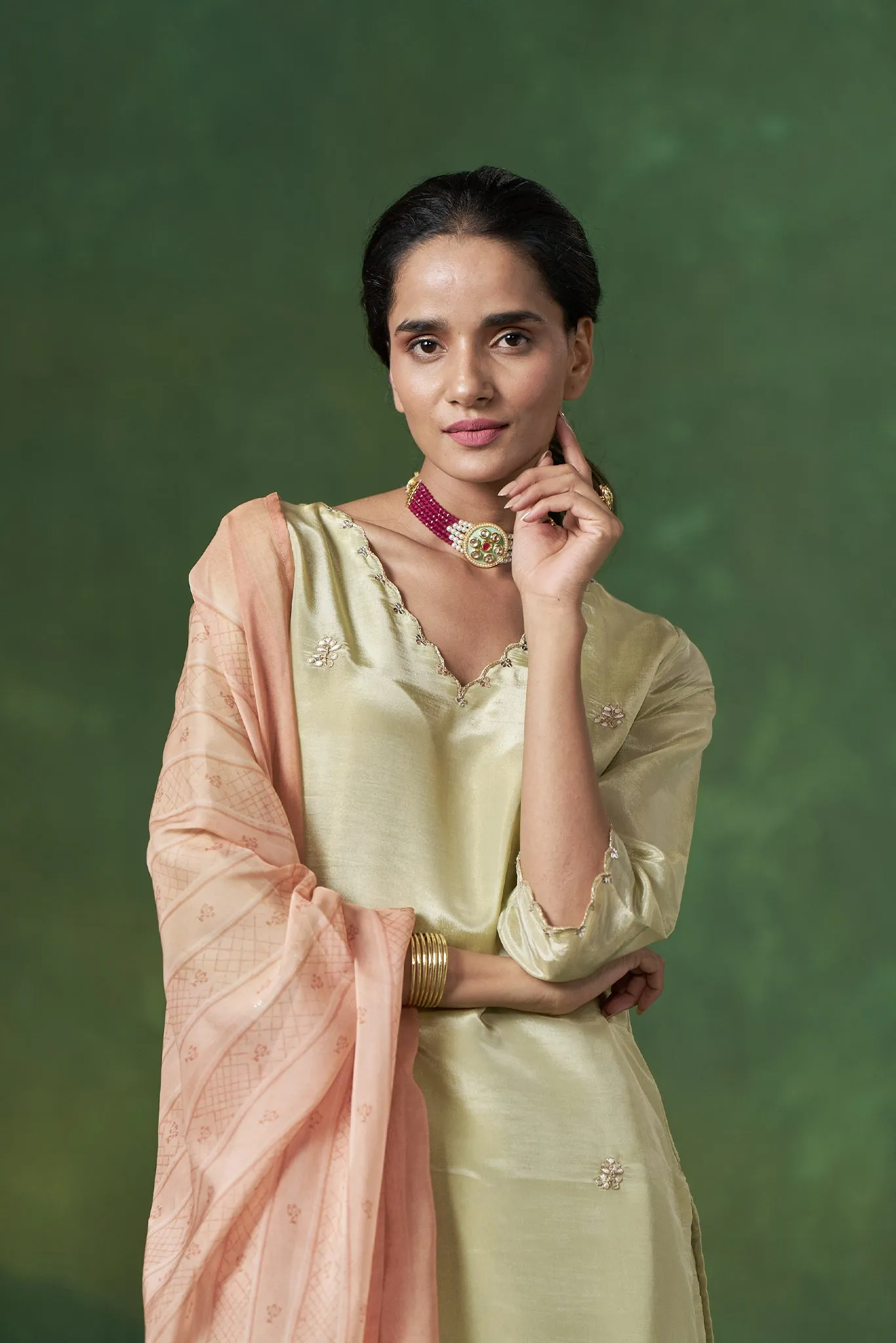 Soft Green Kurta set with scallop in Neck