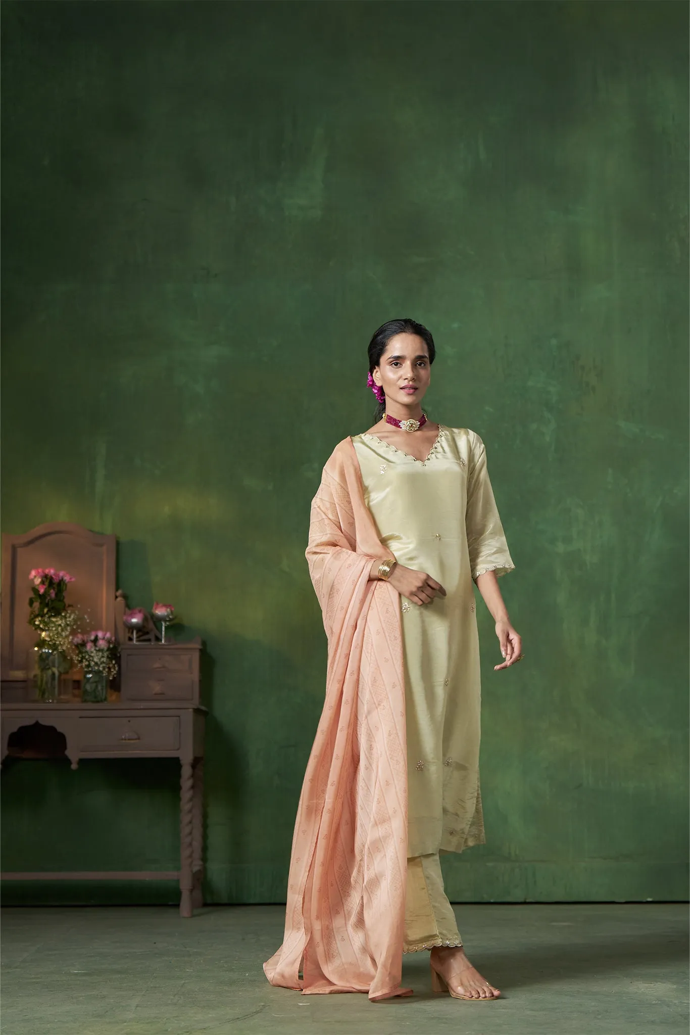 Soft Green Kurta set with scallop in Neck