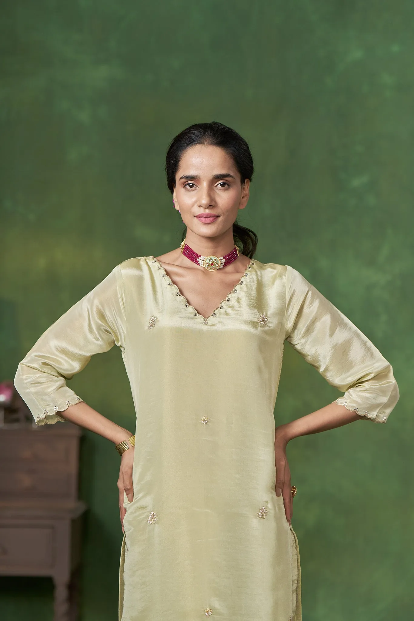 Soft Green Kurta set with scallop in Neck