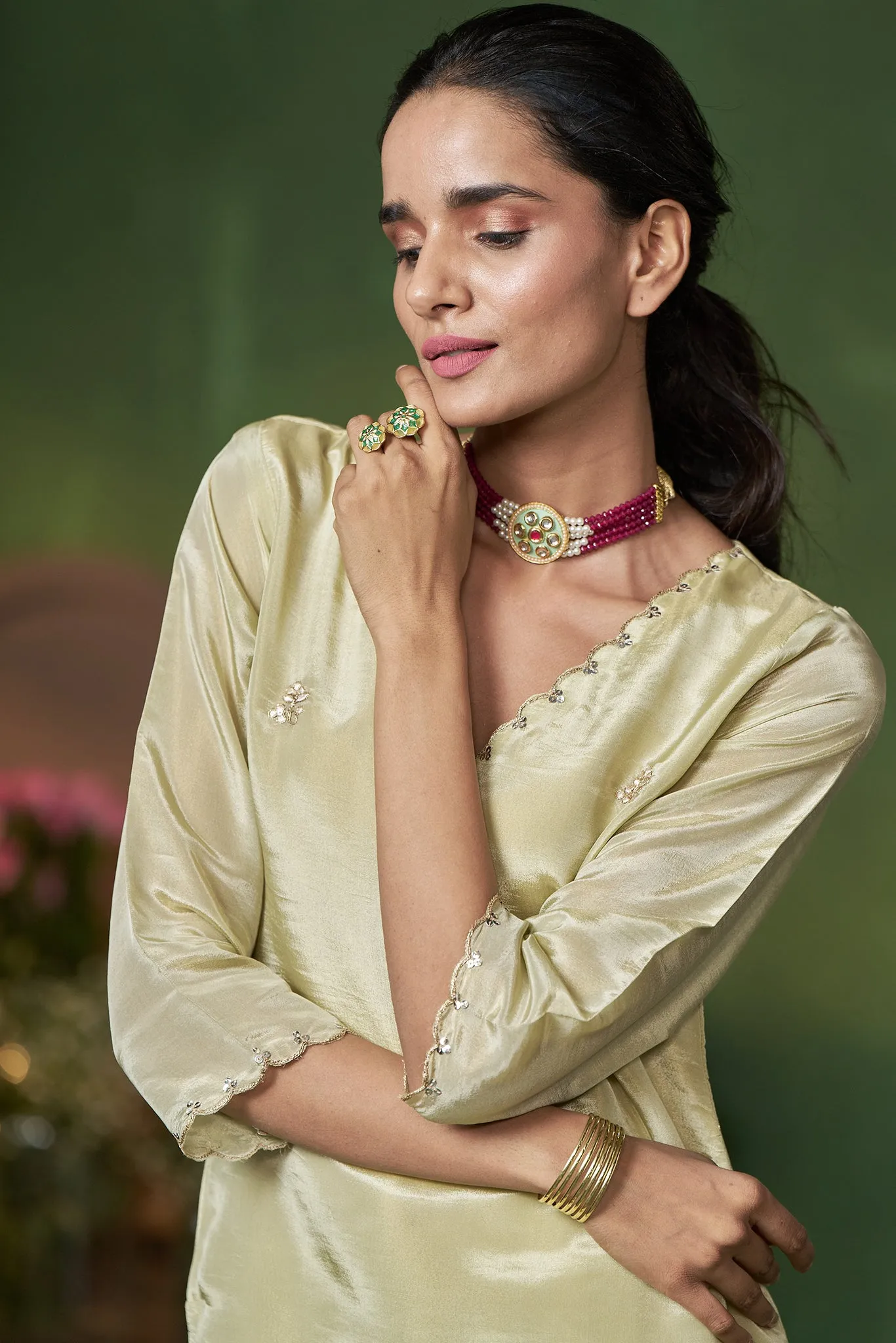 Soft Green Kurta set with scallop in Neck