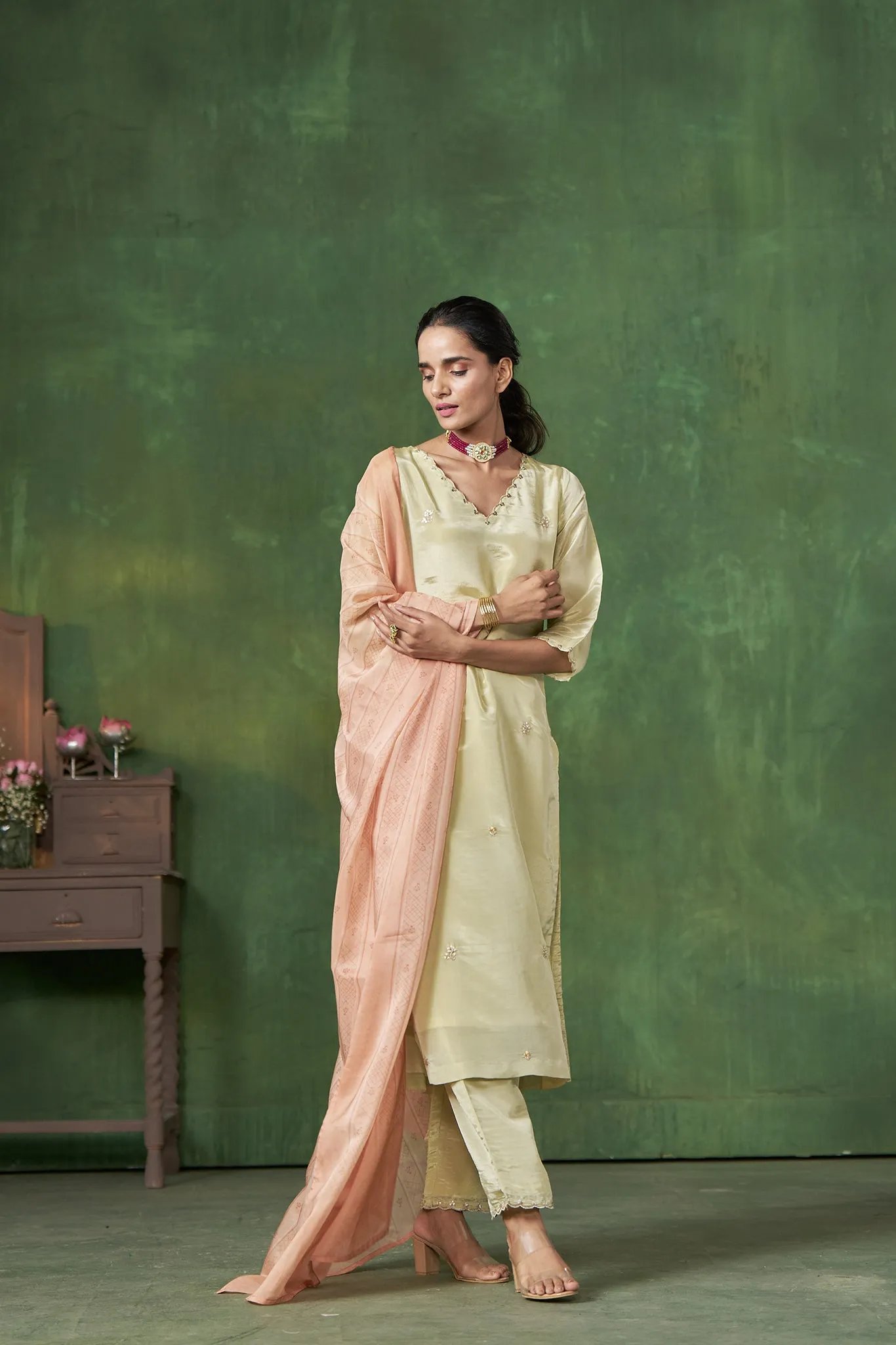 Soft Green Kurta set with scallop in Neck