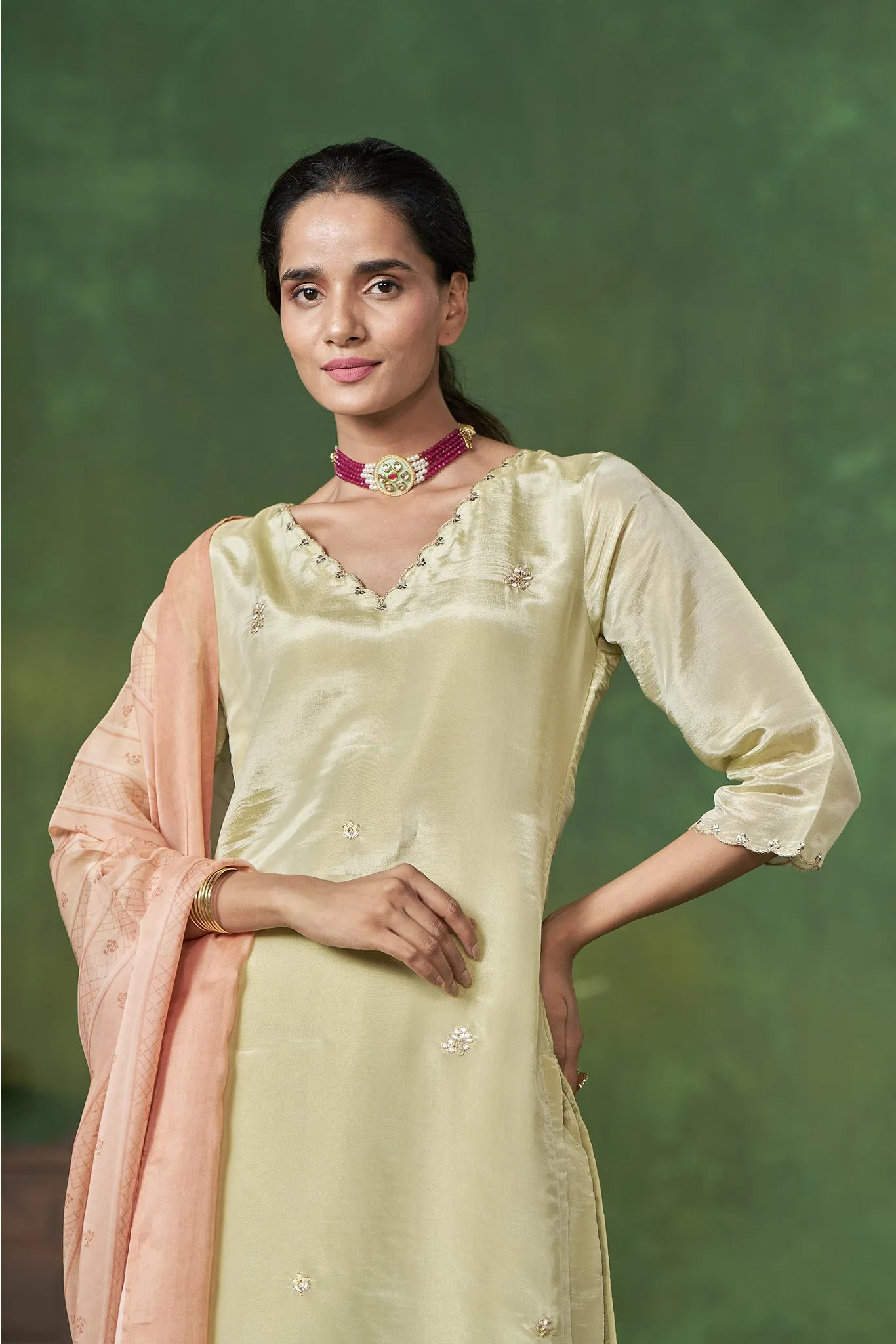 Soft Green Kurta set with scallop in Neck