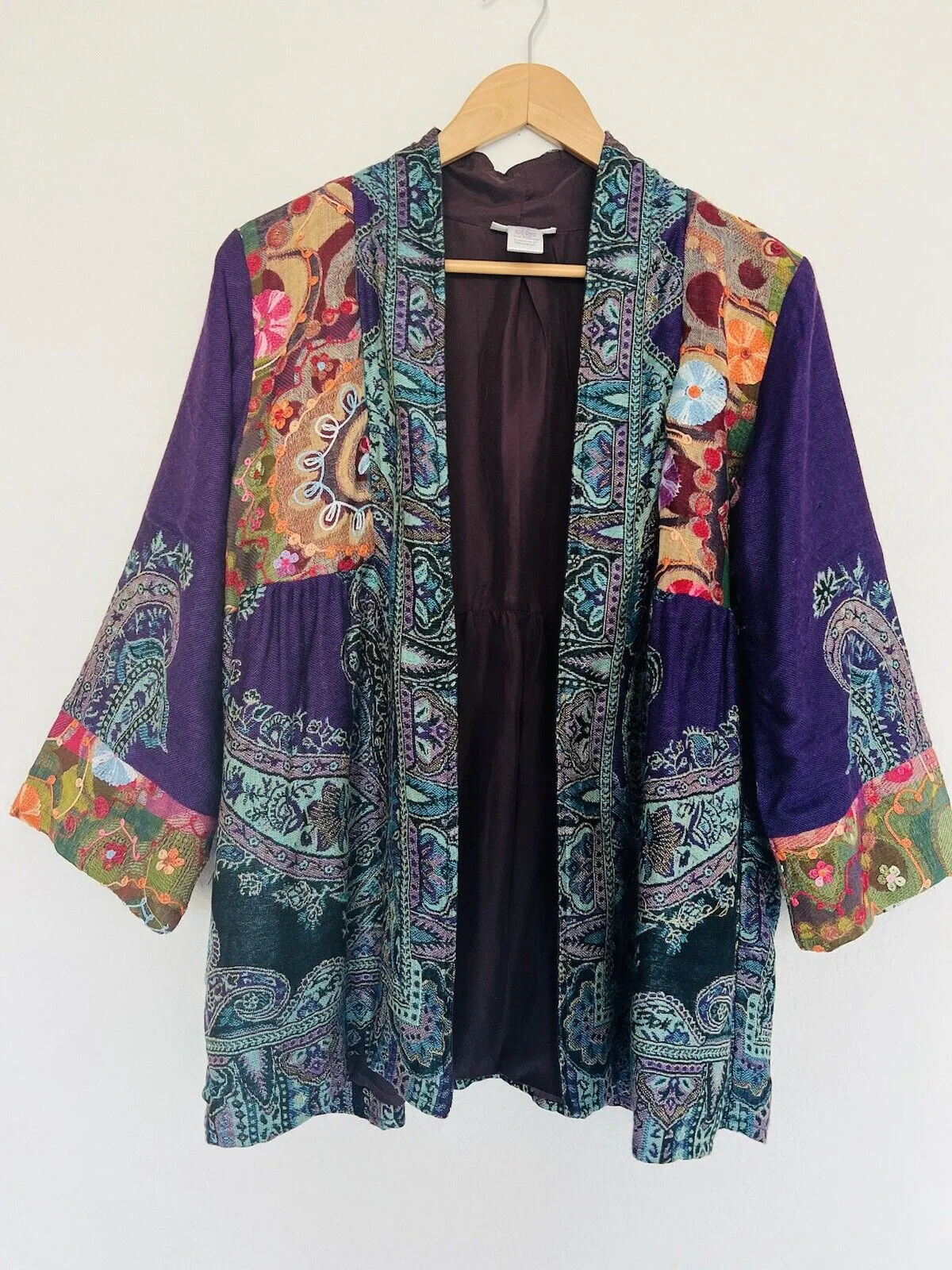 SOFT SURROUNDINGS 100% Soft Wool Jacket Sz L Cardigan Open Front Artsy