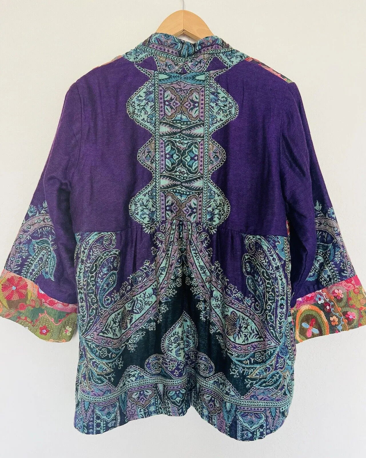 SOFT SURROUNDINGS 100% Soft Wool Jacket Sz L Cardigan Open Front Artsy