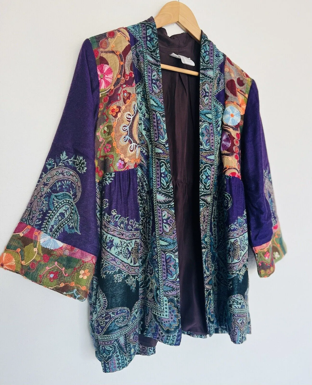 SOFT SURROUNDINGS 100% Soft Wool Jacket Sz L Cardigan Open Front Artsy