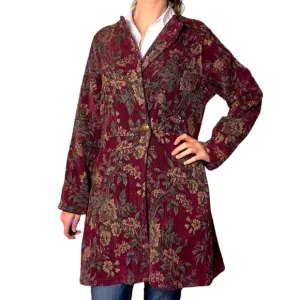 Soft Surroundings floral tapestry button jacket carpet jacquard coat burgundy
