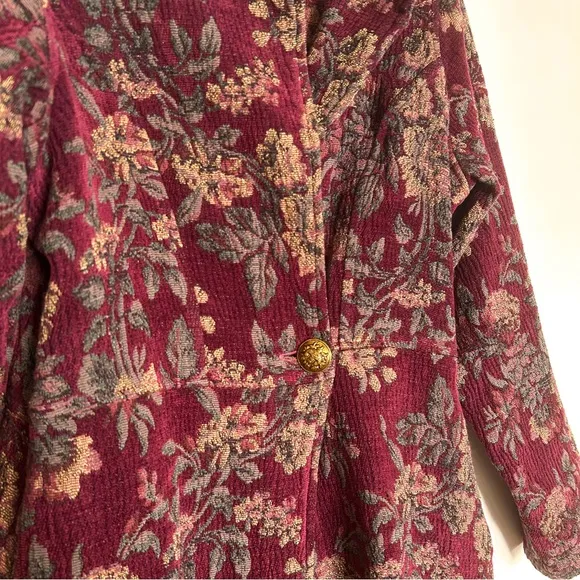 Soft Surroundings floral tapestry button jacket carpet jacquard coat burgundy