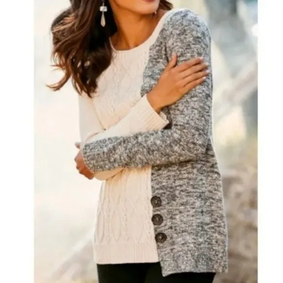 Soft Surroundings Womens Adieu Button Sweater S Cable Knit Color Block Classic