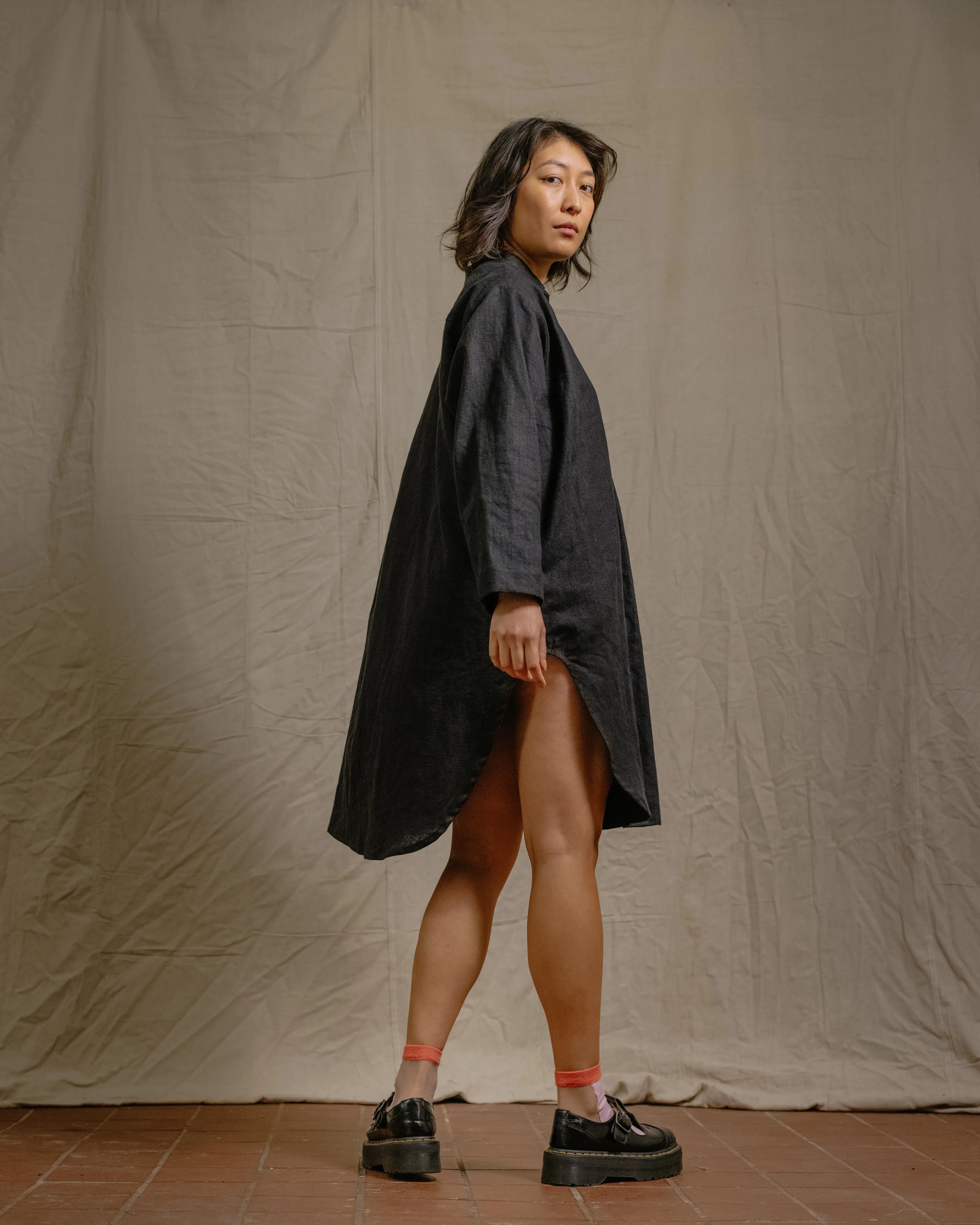 Soft Volume Shirt Dress in Black Linen (RTS)