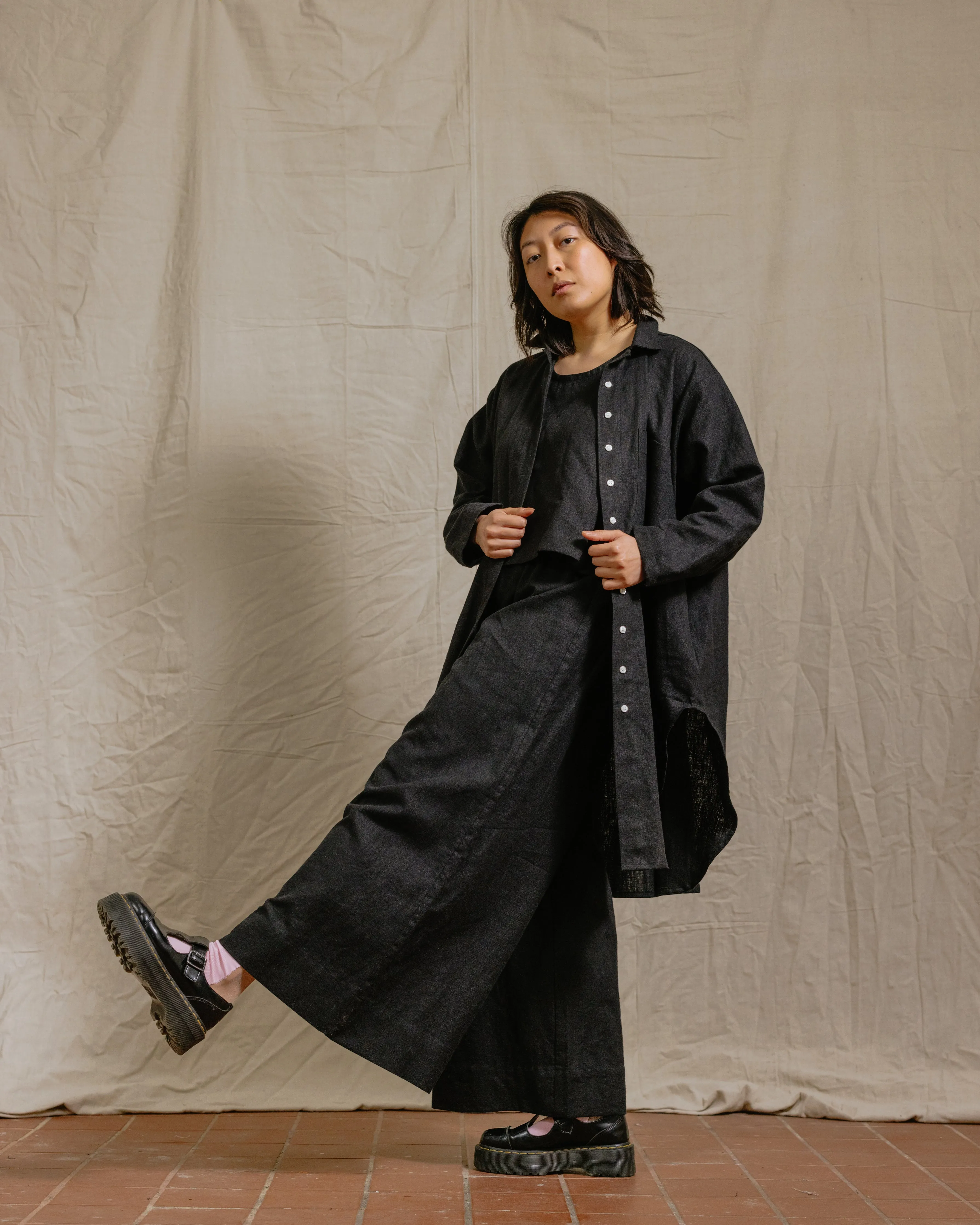 Soft Volume Shirt Dress in Black Linen (RTS)