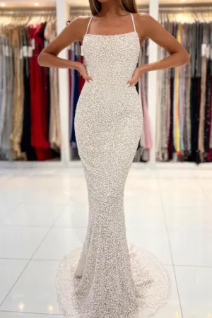 Spaghetti Straps Pearl White Prom Dresses Sparkly Sheath Formal Dress APP0701