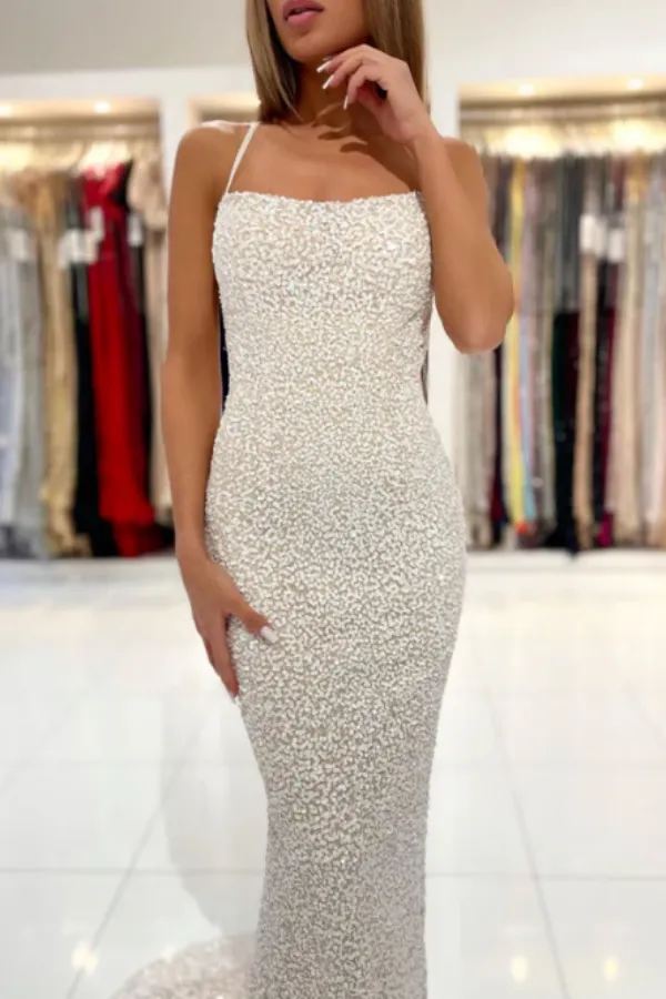 Spaghetti Straps Pearl White Prom Dresses Sparkly Sheath Formal Dress APP0701