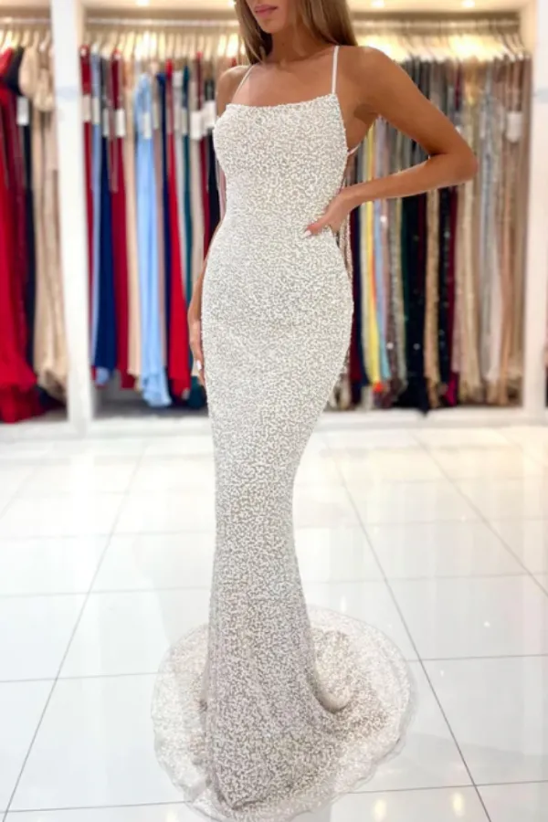 Spaghetti Straps Pearl White Prom Dresses Sparkly Sheath Formal Dress APP0701