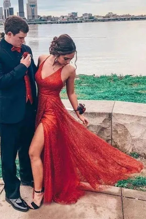 Sparkly A-Line V-Neck Long Prom, Evening Dress With Split YZ211063