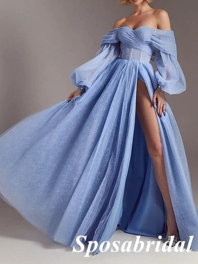 Sparkly Tulle Off Shoulder Long Sleeves Side Slit A-Line Long Prom Dresses, PD3909