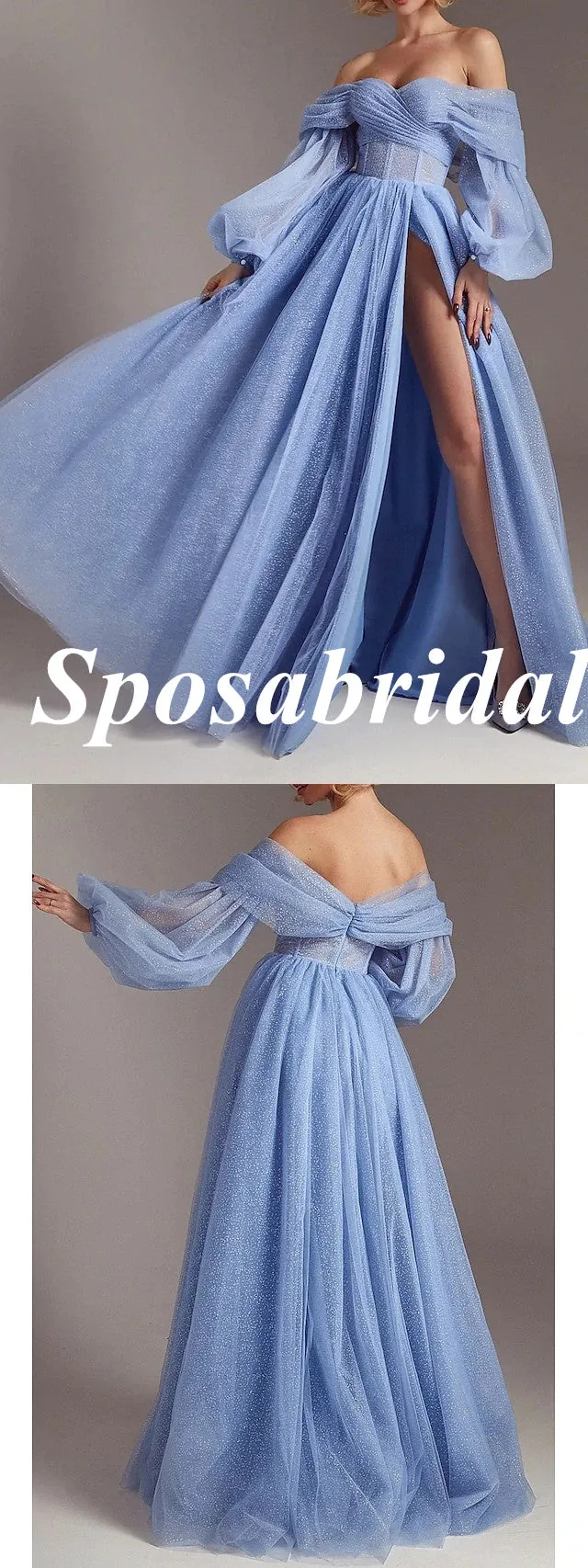 Sparkly Tulle Off Shoulder Long Sleeves Side Slit A-Line Long Prom Dresses, PD3909