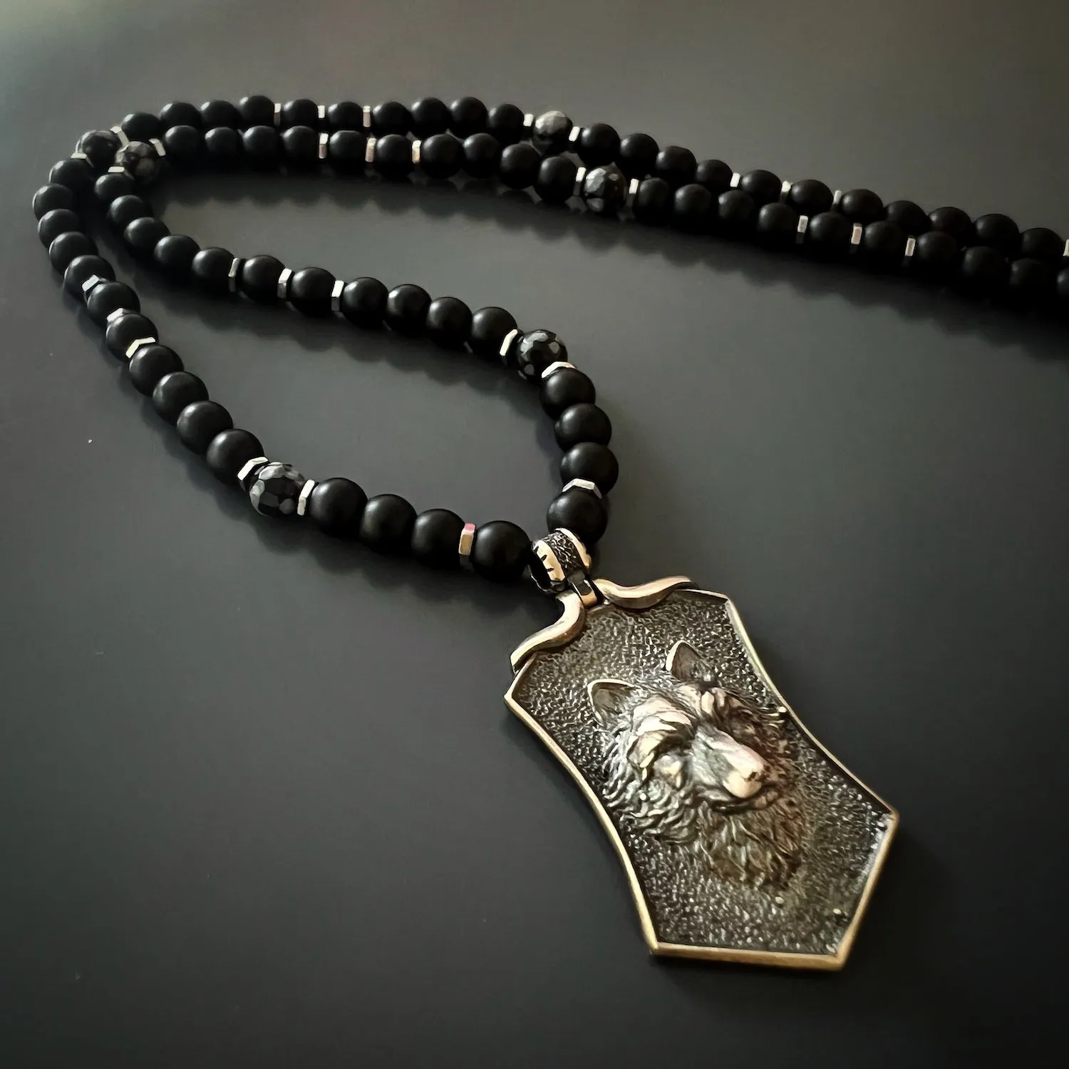 Spirit Onyx Wolf Beaded Necklace