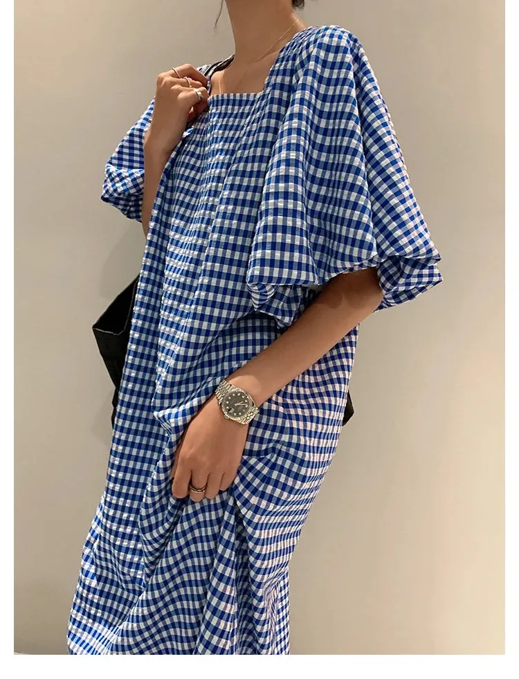 Square Neck Plaid Puff Sleeve Loose Casual Dress