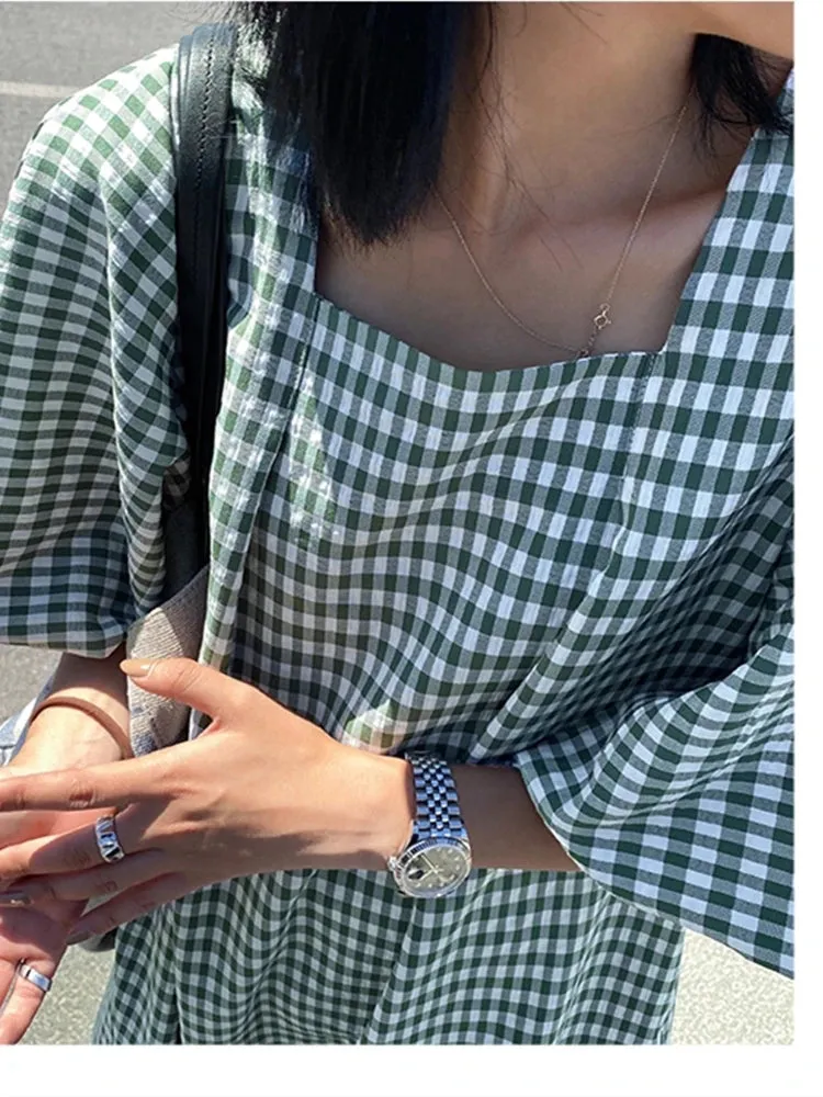 Square Neck Plaid Puff Sleeve Loose Casual Dress