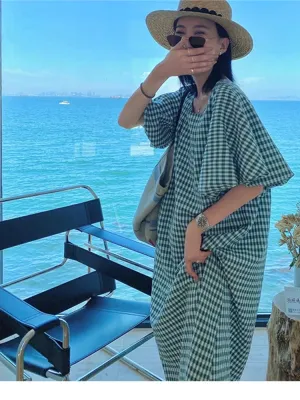 Square Neck Plaid Puff Sleeve Loose Casual Dress