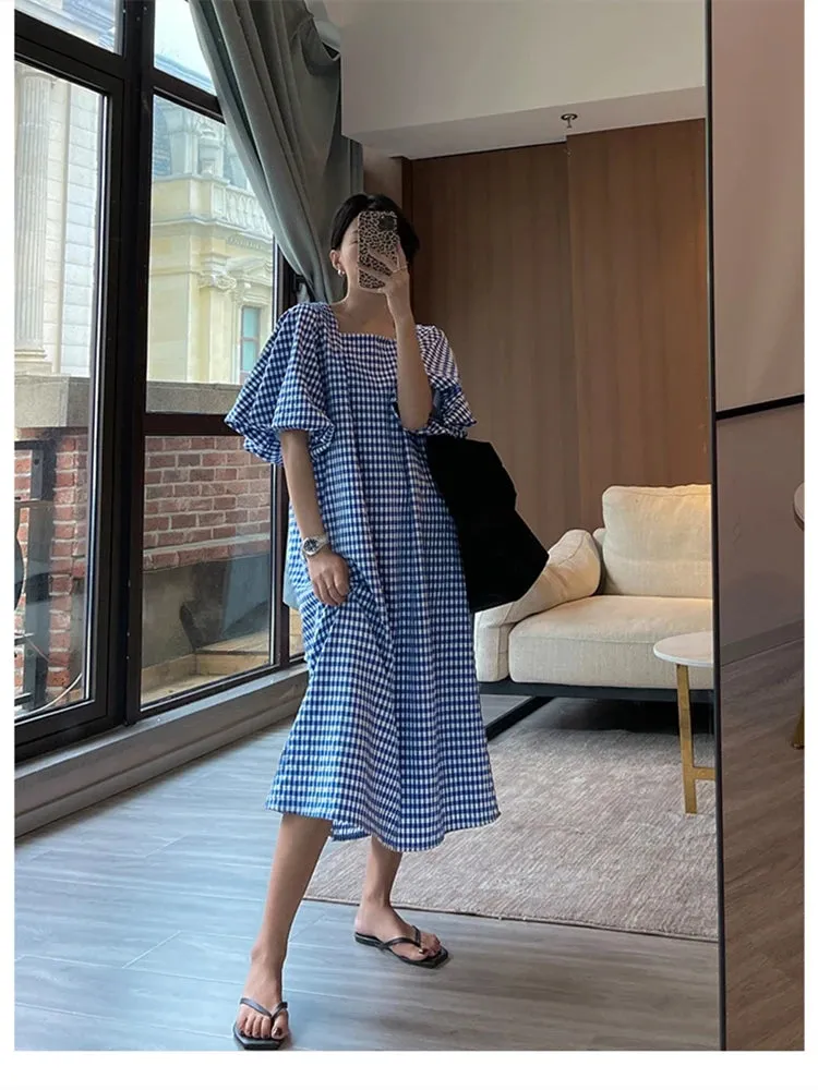 Square Neck Plaid Puff Sleeve Loose Casual Dress