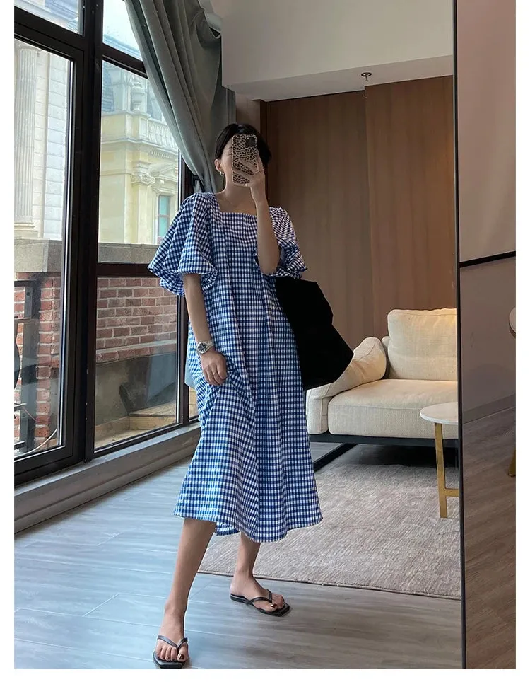 Square Neck Plaid Puff Sleeve Loose Casual Dress