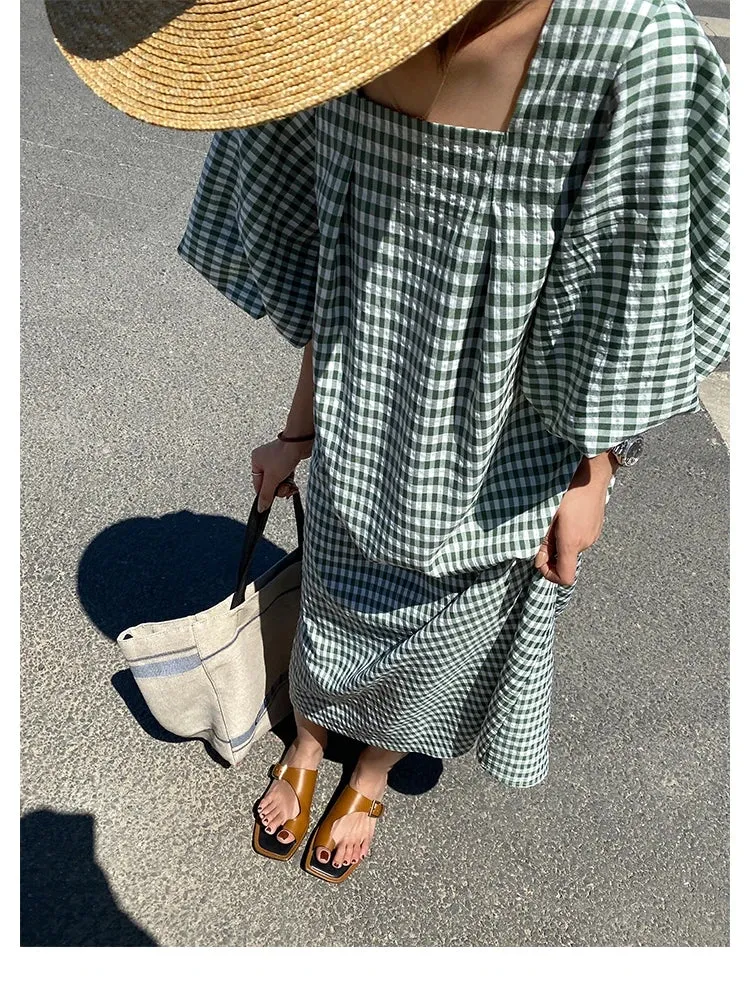 Square Neck Plaid Puff Sleeve Loose Casual Dress