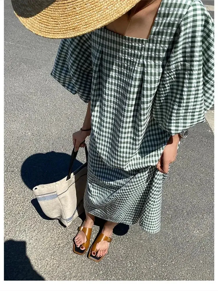 Square Neck Plaid Puff Sleeve Loose Casual Dress