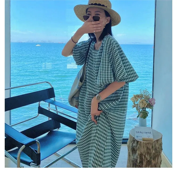 Square Neck Plaid Puff Sleeve Loose Casual Dress