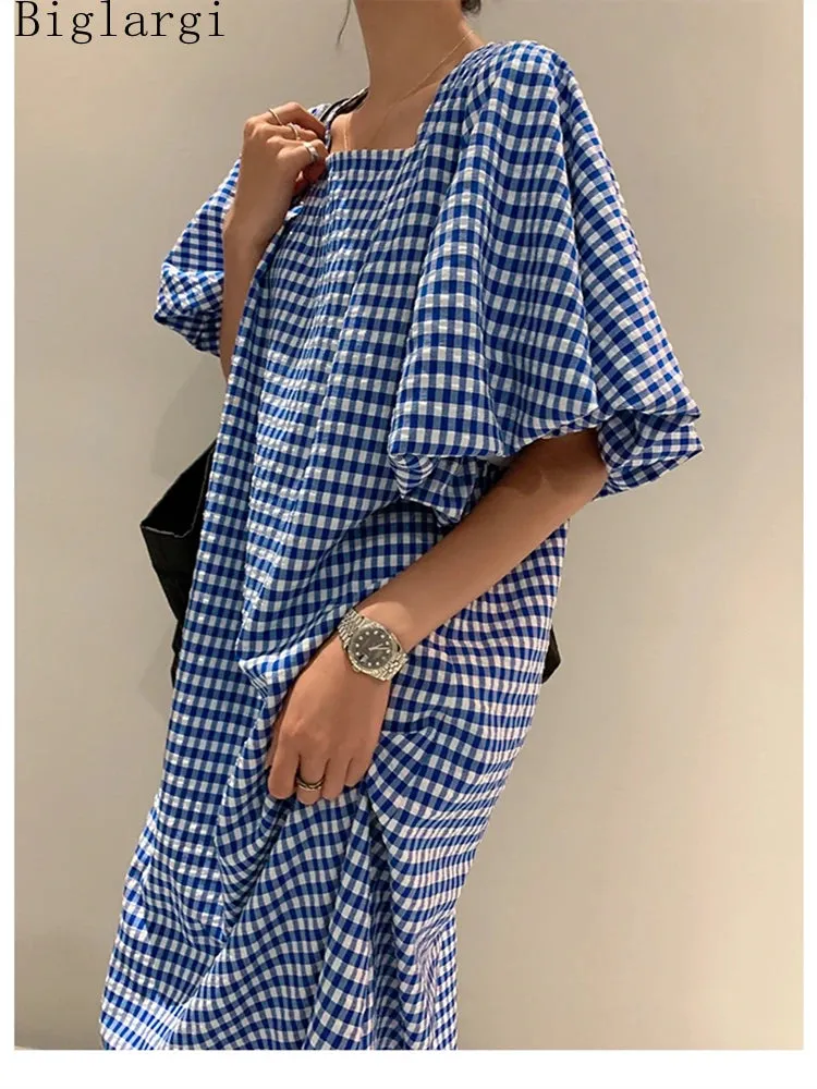 Square Neck Plaid Puff Sleeve Loose Casual Dress