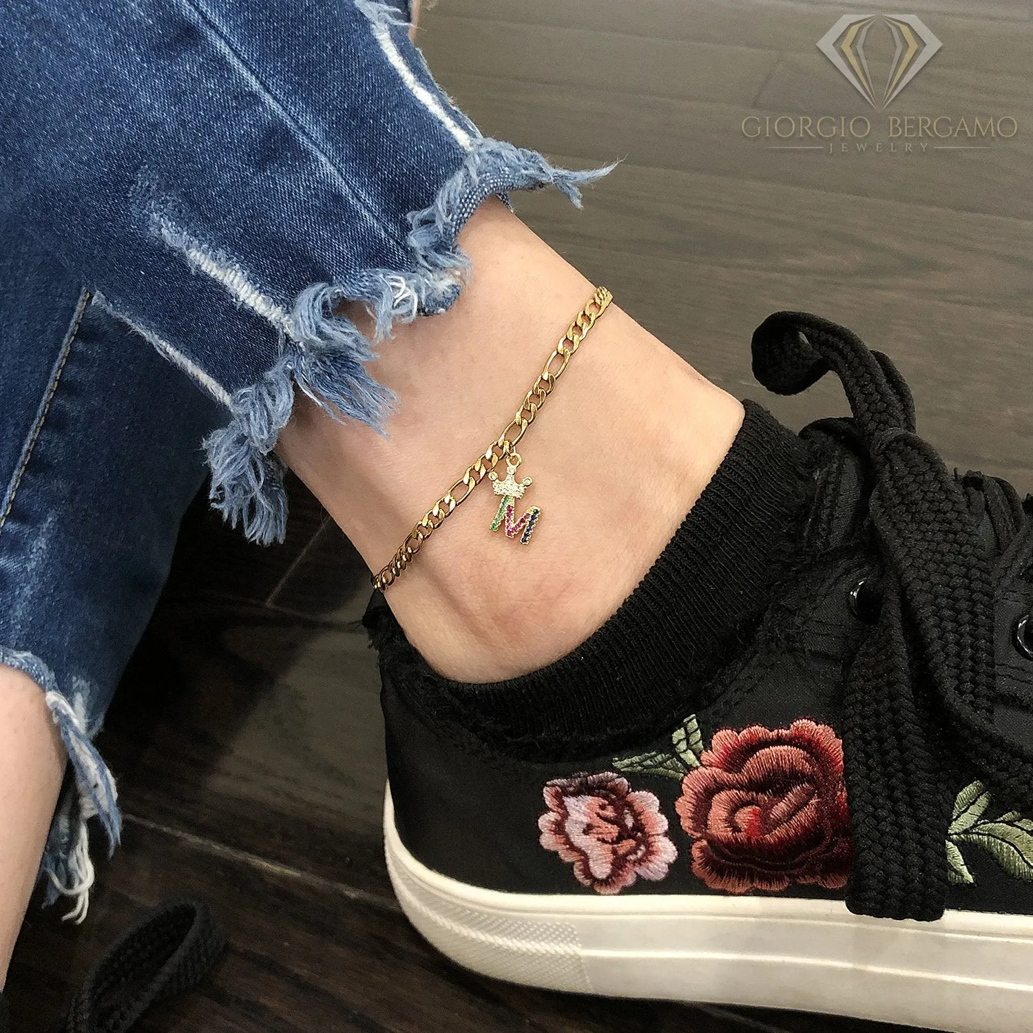 Stainless Steel Gold Plated Rainbow Crown Initial A - Z  Figaro Ankle Bracelet
