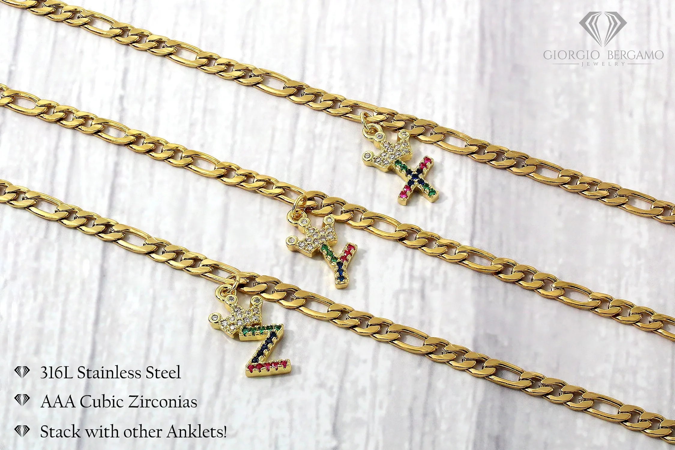 Stainless Steel Gold Plated Rainbow Crown Initial A - Z  Figaro Ankle Bracelet