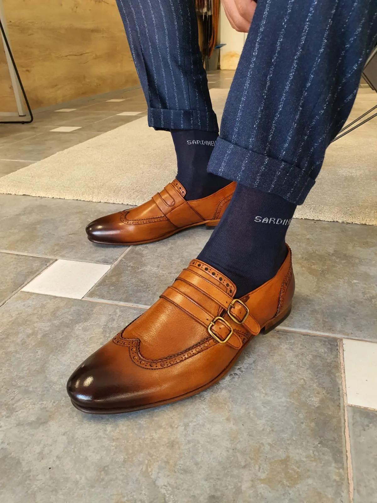 Stefano Tan Buckle Wingtip Loafers - Sophisticated Leather Footwear