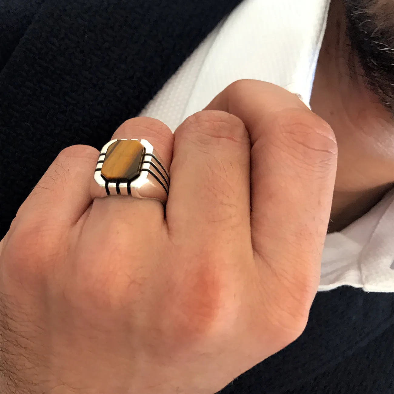 Sterling Silver Ring with Rectangle Tiger Eye Gemstone