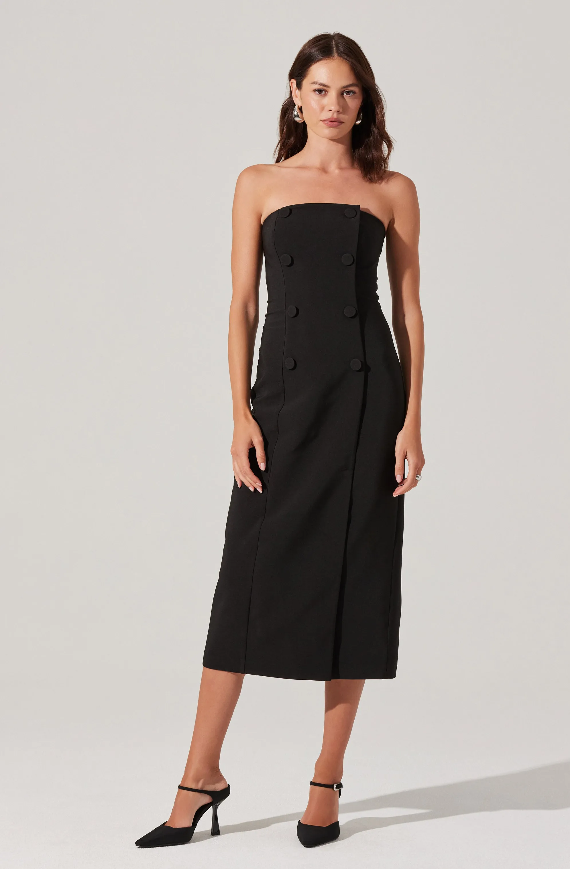 Strapless Double-Breasted Midi Dress